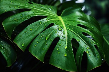Fototapeta premium A macro shot of a giant emerald foliage with droplets adorning its blades against a dark backdrop