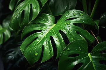 Fototapeta premium A close-up of a green plant with water droplets on its leaves and fallen leaves on the ground