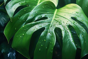 Fototapeta premium Close-up of a giant green leaf with water droplets, dark background