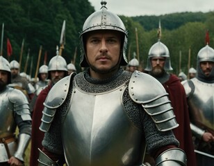 Knight in shining armor stands ready for battle surrounded by fellow soldiers on a historical battlefield