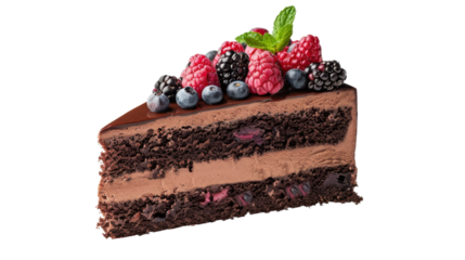 Chocolate berry cake slice on transparent background