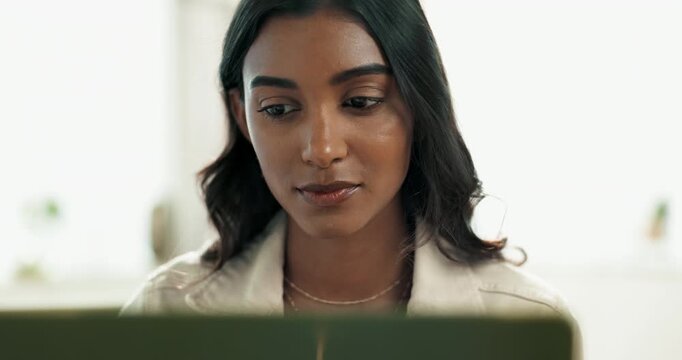 Laptop, woman and work from home with freelance business analyst with web research. Planning, email and technology with internet and digital project with online job and computer with freelancer