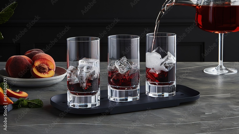 Poster   A glass of red wine being poured into an ice glass, fruit on the table, peaches in bowls