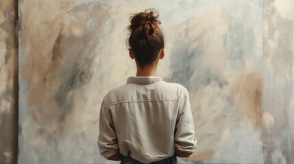 Obraz premium Pensive female painter standing in front of a blank canvas