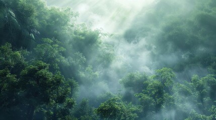 Obraz premium High-angle view of a tranquil forest shrouded in surreal fog