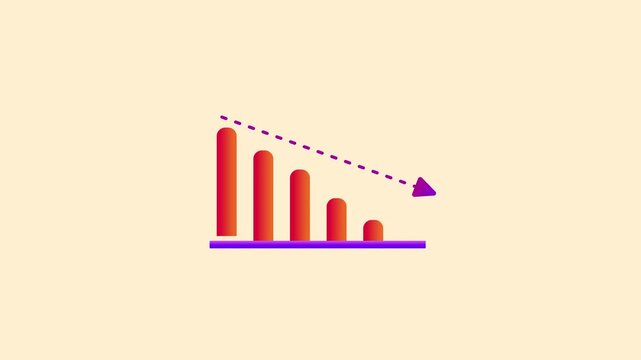 Graph bar chart and arrow down animation, illustration of declining business, falling investment value suitable for presentations and motion graphics with business and finance themes.