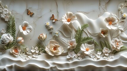 3D relief mural wallpaper with sculpted botanical garden scenes, including flowers, ferns, and butterflies. wall art, oil painting