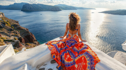 Woman relaxing on white rooftop with flowing dress enjoying ocean view