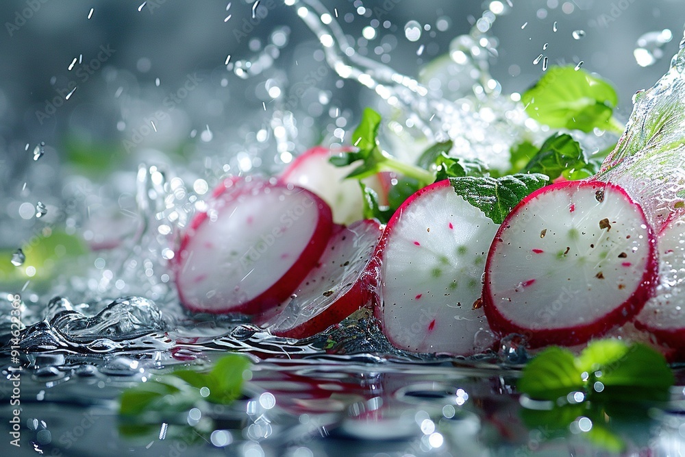 Sticker   Radishes halved and submerged in water with leaves on top