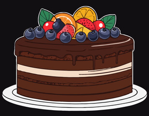 Chocolate cake with fruits isolated sketch