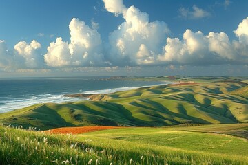 Rolling Green Hills and Coastal Landscape with Blue Sky and Puffy Clouds