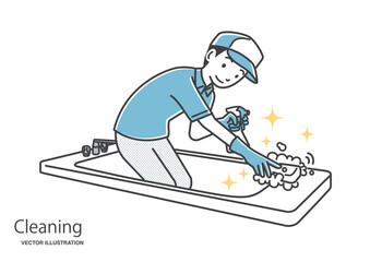 風呂掃除をするハウスクリーニングの男性