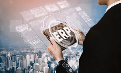 Enterprise Resource Management ERP software system for business resources plan presented in modern...