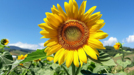 Fototapeta premium Sunflowers under a blue sky, golden sunflowers under the sky, sunflowers dancing under the sky, blooming sunflowers under the sky canvas, golden sunflower flowers stretching towards the blue sky