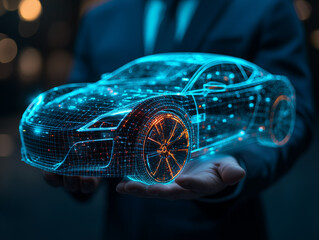 A businessman presents a holographic car in a futuristic cityscape at night, showcasing advanced technology and innovation