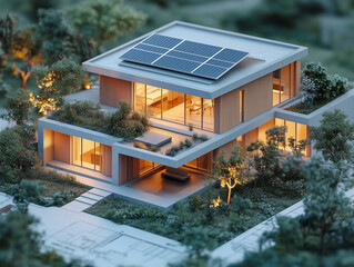 Modern eco-friendly house with solar panels at dusk surrounded by greenery