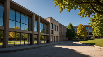 Elegant historic university campus framed by archway in warm sunlight