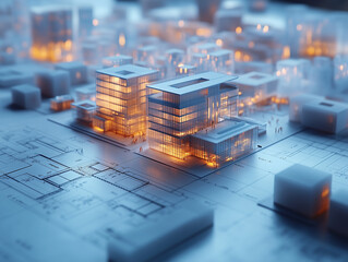 Modern architectural model with illuminated buildings and urban layout at night