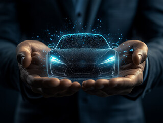 A person holds a holographic car model with glowing details in their hands, demonstrating advanced technology and innovation