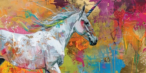 Abstract painting of a unicorn with a colorful horn.