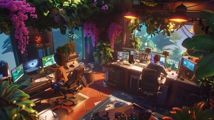 Naklejka premium Futuristic Control Room Surrounded by Lush Foliage at Dusk With Two Operators
