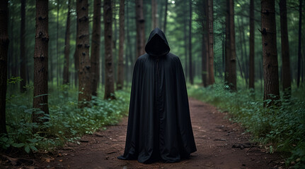 A shadowy figure in a hooded black cloak ventures into the mystical forest. An anonymous medieval witch treads softly on the woodland path

