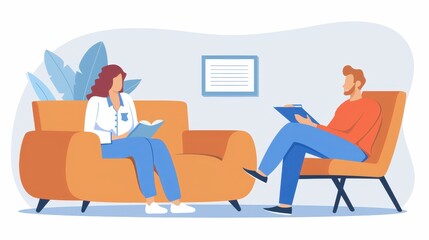 A man and a woman are discussing insights while seated comfortably in a modern living room