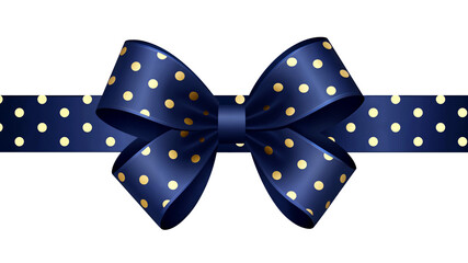 Dark blue ribbon and bow with gold dots isolated on a transparent or white background.