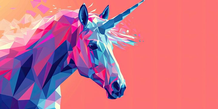 Geometric polygonal unicorn on pink background.