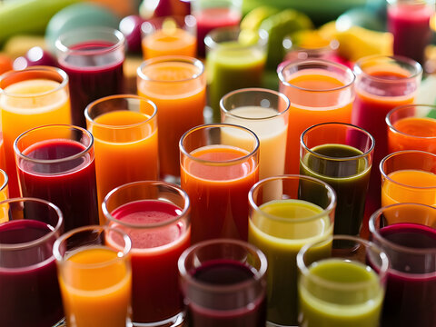 Variedad de jugos de frutas y verduras en vasos

