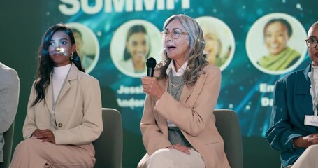 Woman, talking and microphone for seminar, discussion or leadership for advice in conference room. Speaker, group and workshop or trade show in hall for convention and business or career development