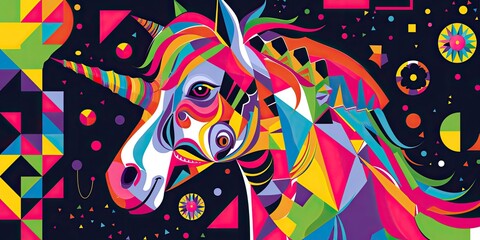 Geometric, colorful unicorn against black background.