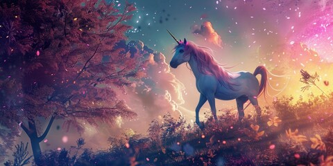 A unicorn stands in a forest with pink petals falling.