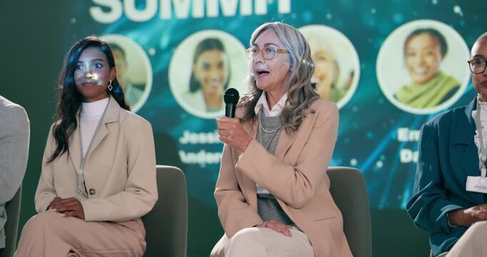 Woman, talking and microphone for seminar, discussion or leadership for advice in conference room. Speaker, group and workshop or trade show in hall for convention and business or career development