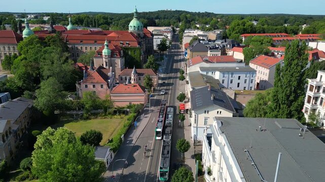 Nauener tor gate streetcar in potsdam city. Great aerial view flight drone