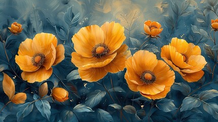   A vibrant canvas featuring a cluster of sunny blooms against a serene azure backdrop, adorned with lush foliage in the heart