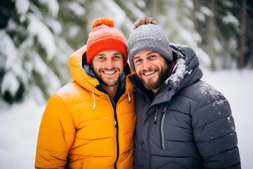 Male twins enjoying winter holidays in the mountain, smiling and looking at camera