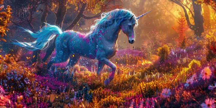 A blue unicorn runs through a magical forest.