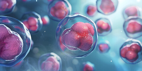 Creative image of embryonic stem cells with growing cells, close-up shots under microscope view of cells cellular therapy and regeneration