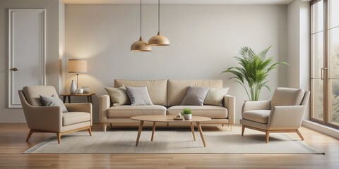 Modern beige living room with a stylish chair and sofa, interior design concept, room, chair, sofa, interior, beige, living
