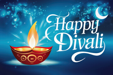 Happy Divali Greeting Card with Illuminated Diya and Sparkling Background.