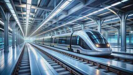 Futuristic public transit system featuring sleek, high-tech trains and automated stations, futuristic