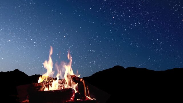 bonfire burns at night against the background of mountains with bright stars..