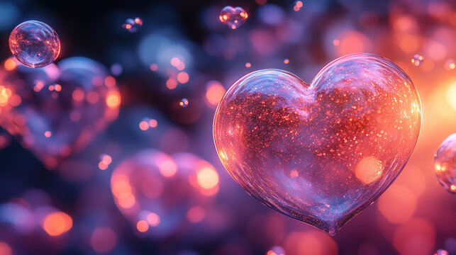Fondo violeta destacado por varias burbujas de corazones, trasparentes con brillos de luz, ilusi&oacute;n, esperanza, celebraciones, bendiciones, sentimientos de paz y amor al pr&oacute;jimo, tierno romanticismo