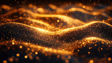 Duna dorada, arena al atardecer, encendida, caliente, los granos brillan como si fueran pepitas de oro, inmensidad del espacio, ondas formadas por el viento visto en primer plano, fondo oscuro miel