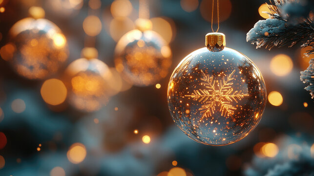 Bolas decorativas para el árbol de navidad que contienen copos de nieve, flotando en el espacio, delicado, colores tonalidades de naranjas a marrón, ideal papelería, tarjetas