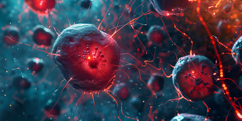 A 3D animation of red and blue cells with tiny shields detail of virus bacteria with red lines connecting them