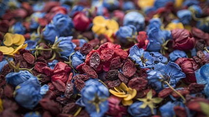 Fototapeta premium A group of red and blue flowers arranged in a pile with blue and yellow flowers