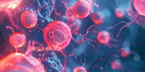Colorful abstract microscopic view of cells connections in a vibrant color scheme, some of which are pink and Nanoparticles in Action