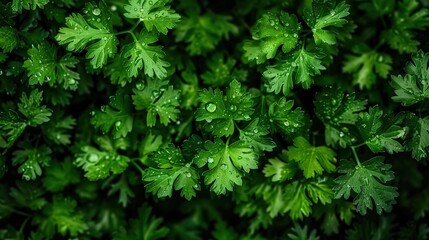 Fototapeta premium A photo of a green leafy plant with droplets of water on its leaves and the upper surface
